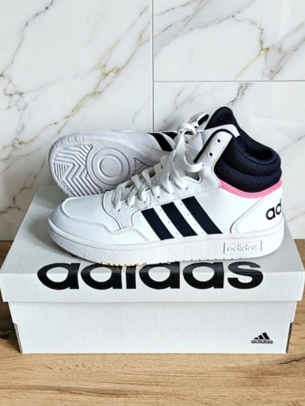 NWT adidas Hoops 3.0 Mid Sneakers White Navy Pink | Women’s Size 7.5 GW5455